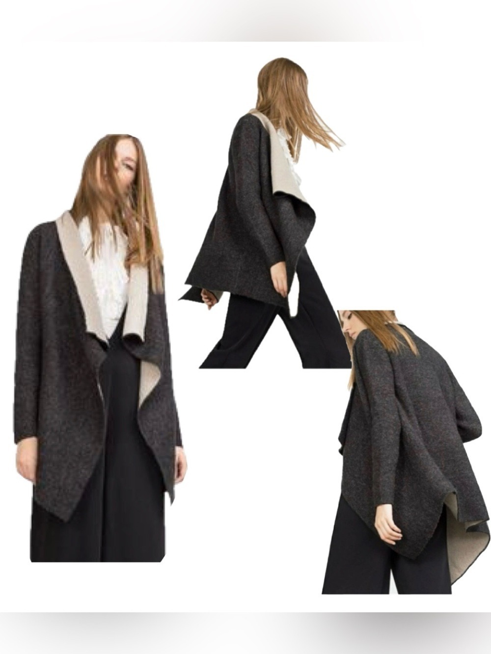 Zara two-tone charcoal gray beige knit open front shawl collar cardigan S